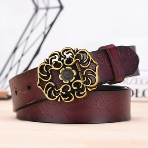 Premium Cow Skin Leather Flower Buckle Belt For Jeans Coffee Adjustable - Picture 1 of 14