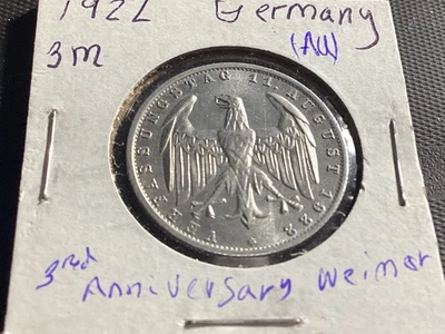 1922 Germany 3 Marks SILVER ALMOST UNCIRCULATED DETAILS # 750 - Image 1 of 2