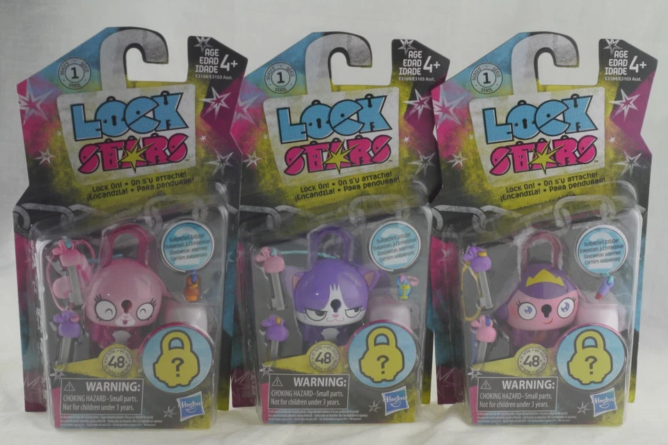 JUEGO DE 3 ESTRELLAS DE BLOQUEO SERIE 1 Pinza Púrpura Pink Bunny Purple Kitty Hasbro 2017 Foto 1 de 2