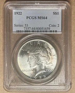 Dólar de la paz de plata MS64 1922 GRADUACIÓN PROFESIONAL $1 - ardiente - Imagen 1 de 2
