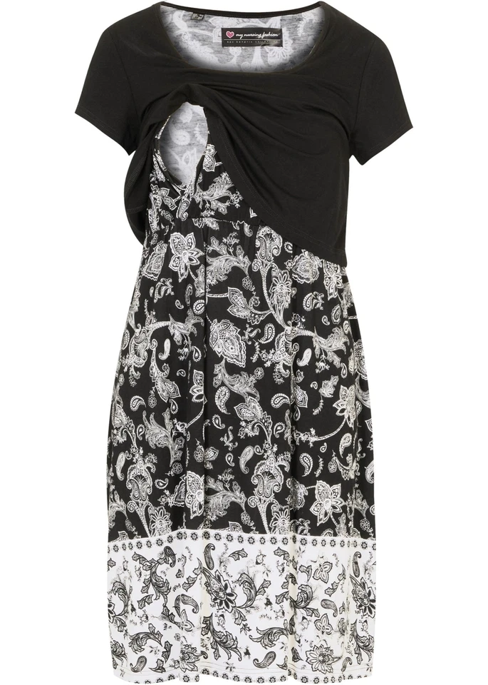 Neu Mini-Umstandskleid / Stillkleid mit Stillfunktion Gr. 52/54 Schwarz Paisley - Bild 1 von 1