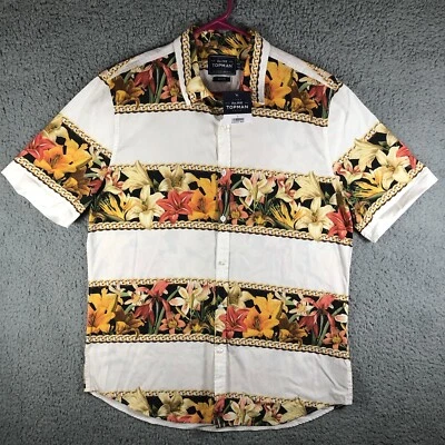 Camisa masculina Topman bege média listrada floral lona praia - Imagem 1 de 4