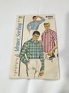 Vintage Advance Sew Easy Pattern 3351 Men's Shirts 14-17 Neck - Picture 1 of 2