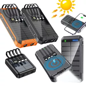36000mAh Solar Power Bank Wireless Fast Charging USB External Battery 4Cable LED - Picture 1 of 36