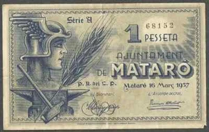 SPAIN / ESPAÑA 1 PESSETA 1937 CIVIL WAR LOCAL ISSUES AJUNTAMENT MATARO P-NL82 - Picture 1 of 3