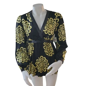 New INC Womens Black Yellow 100% Silk Floral Print Blouse Size 8 Sequins Kimono - Picture 1 of 12