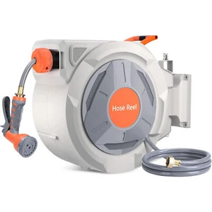 Retractable Garden Hose Reel Wall Mounted 5/8 In x 100 Ft With 9 Function Nozzle - Picture 1 of 10
