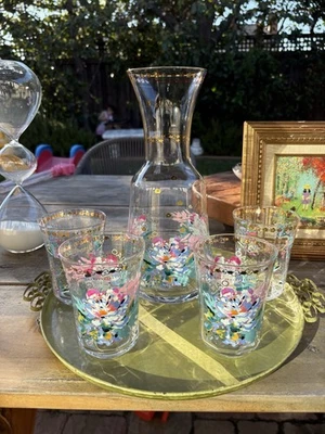 Anthropologie Gilded Journey Floral Carafe & 4 Bonjour ciao Bella Glasses NWT - Image 1 of 4