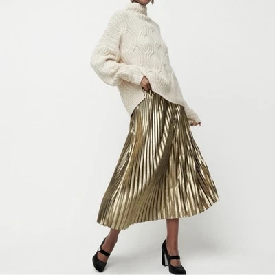 {J. Crew} Gold Chiffon Lame Midi Pleated Holiday Festive Glam Skirt 12 - Image 1 of 4