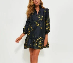 Tuckernuck Jasmine Vine Jacquard Navy Floral Mini Dress Tiered Party M NEW - Picture 1 of 11