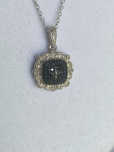 Cushion-Shaped Black Diamond & White Diamond Pave Necklace Sun Jewelry 18” chain - Picture 1 of 14