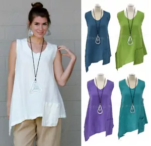MOSAIK USA 2390 Leinen TROPFEN TANK TOP Winkel Saum Tunika S M L XL 8 FARBEN - Bild 1 von 18