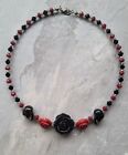 HAND CRAFTED GOTH BEADED NECKLACE CRYSTAL GLASS BEADS BLACK SKULL & RED ROSES HW