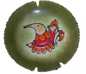 Cenicero Firmado C JERE Mediados de Siglo Moderno Plato Esmaltado AVE Verde/Naranja MCM De Colección - Imagen 1 de 5