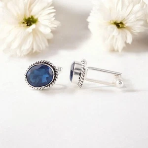 London Blue Topaz Gemstone 925 Sterling Silver Jewelry Designer Cufflinks 0.6" - Picture 1 of 6