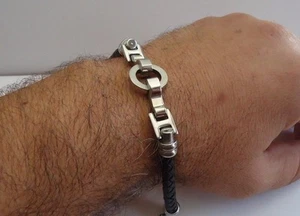 STAINLESS STEEL BRAIDED BLACK LEATHER CORD BRACELET W/ LOBSTER LOCK/ 8'' LONG - Picture 1 of 9