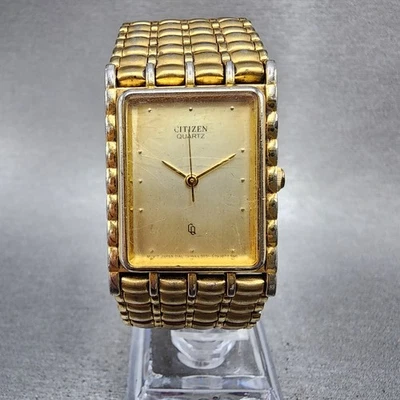 Citizen CQ 坦克手表男士 24 毫米香槟表盘金色矩形全新电池 — 第 1/4 张图片