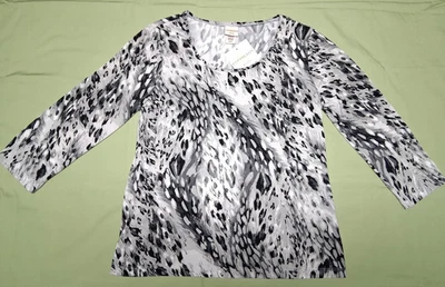 Covington Women's 3/4 Sleeve Gray Animal Print Round Neck Knit Top Petite Size S Foto 1 de 4