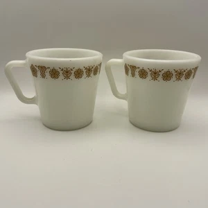Vintage Pyrex Butterfly Flower Gold Coffee Mugs 410 D Handle Set of 2 Cottage - Picture 1 of 9