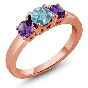 1.35 Ct Round Blue Zircon Purple Amethyst 18K Rose Gold Plated Silver Ring - Picture 1 of 5