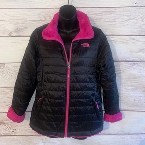 The North Face Girls Reversible Jacket Coat Black Pink XL (18) Quilted Sherpa - Picture 1 of 19