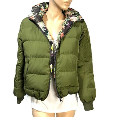 Alice + Olivia Durham Reversible Olive Green Floral Down Puffer Jacket S M ? - Image 1 of 4