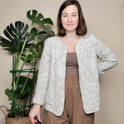 Jaqueta casaco feminina Tahari marrom folha branca estampa floral gaze linho algodão G - Imagem 1 de 4