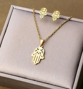 Hamsa Hand Edelstahl, Halskette & Ohrringe Set - Bild 1 von 3