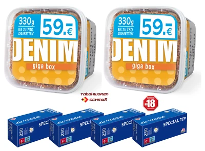 2x Denim Volumen Tabak GIGABOX 330g mit 1000 Spezial-Tip KingSize-Filterhülsen - Bild 1 von 3