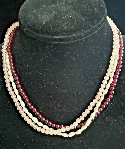 Necklace 14kt gold 3 strand garnet rose quartz & seed pearls - Picture 1 of 10
