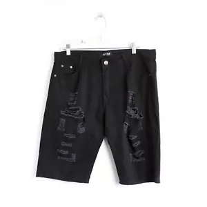 NWT men's denim jean shorts distressed cotton summer slim casual new XL W34 blac - Picture 1 of 6