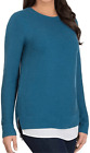Hilary Radley L dark teal blue long salve crew neck sweater w- white layered hem