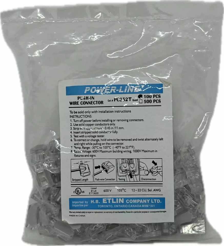 ETLIN-DANIELS PC252T 2 POLE PUSH IN WIRE CONNECTOR 12–22 AWG 600V CLEAR 100 PCS - Image 1 of 4