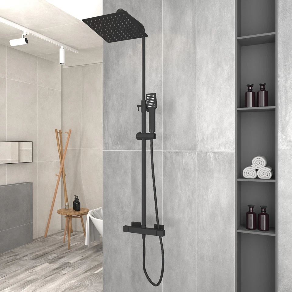 Thermostatic Shower Mixer Bathroom Square Shower Set Exposed Valve Black