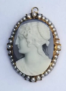 Antike viktorianische Hartstein Kamee gebunden Achat & Saatperle massiv 14K Gold Brosche - Bild 1 von 11