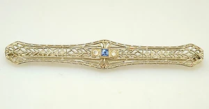 ANTIQUE 14K WHITE GOLD FILIGREE SAPPHIRE & DIAMOND BAR OR SCARF PIN 3.9 GRAMS - Picture 1 of 5