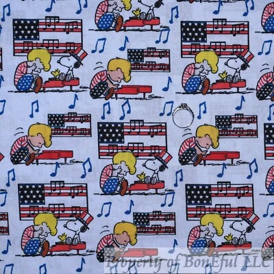 BonEful Fabric FQ Cotton Quilt Charlie Brown Peanuts Schoeder Music Note Piano - Image 1 of 4