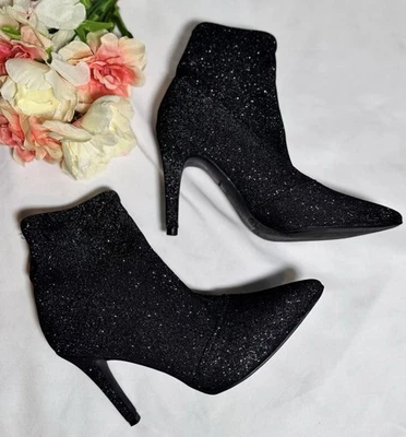 Botines negros BRASH para mujer talla 6 plateados brillantes 4 pulgadas tacón alto punta puntiaguda  Foto 1 de 4