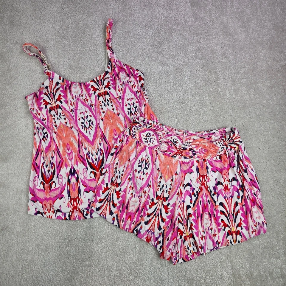 Conjunto de pijama feminino Soma médio rosa laranja estampa Ikat shorts camisa dormir - Imagem 1 de 4