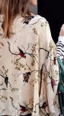 ZARA Beige Floral/Bird Robbin Burn-out Print Coat kimono poncho cardigan M silk  - Image 1 of 3