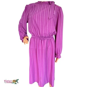 Handmade Vintage Purple Striped Knee Length Rouched Belted Long Sleeve Dress M - Picture 1 of 8