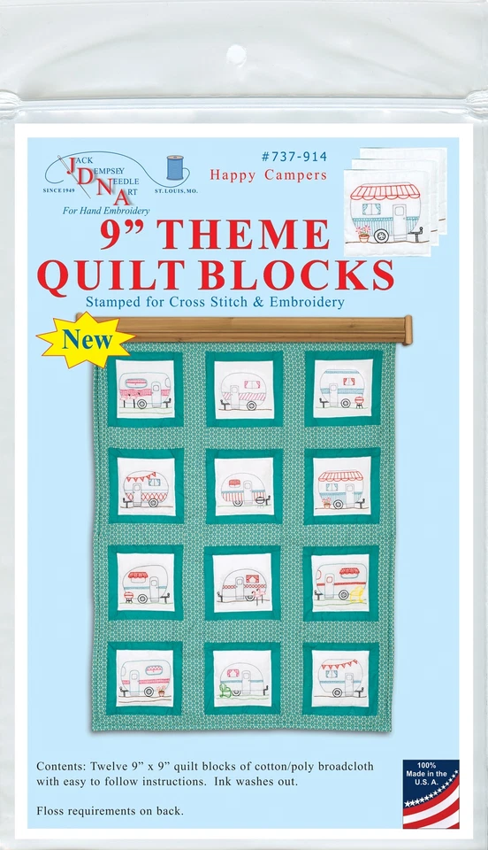 Jack Dempsey Themed Stamped White Quilt Blocks 9"X9" 12/Pkg-Campers - Image 1 of 1