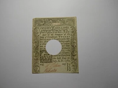 1780 20s Hartford Connecticut CT Colonial Currency Note Bill Twenty Shillings VF - Image 1 of 2