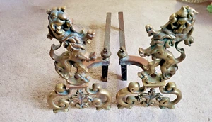 Pair Antique 19th c Rampant Lion Brass Figures Fireplace Andirons w Iron Holders - Picture 1 of 16