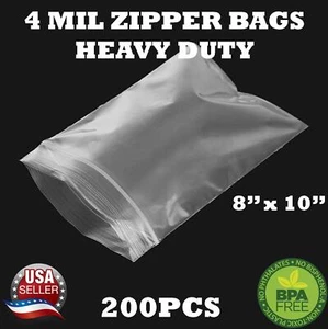 200 - 8" x 10" ZIP SEAL TOP LOCK BAGS CLEAR 4 MIL PLASTIC RECLOSABLE BAGGIES - Picture 1 of 6
