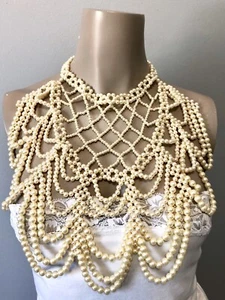 Cream pearl bib necklace Faux Bead Gold Tone Chain Bride Boho bridal prom dance - Picture 1 of 6
