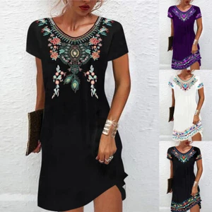 Womens Boho Floral Midi Dress Ladies Summer Holiday Casual Loose Sundress - Picture 1 of 14