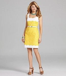 Antonio Melani Caroline Yellow White Eyelet Belt Work Social Dress 12 $169 - Picture 1 of 2