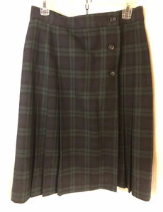 Casual Corner Vtg Tartan Plaid Wrap Skirt 12 Green Navy Pleated Dark Academia - Picture 1 of 5