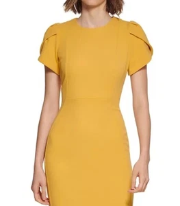 Calvin Klein Petite Tulip-Sleeve Golden Ochre Sheath Stretch Dress Size 8P - Picture 1 of 10